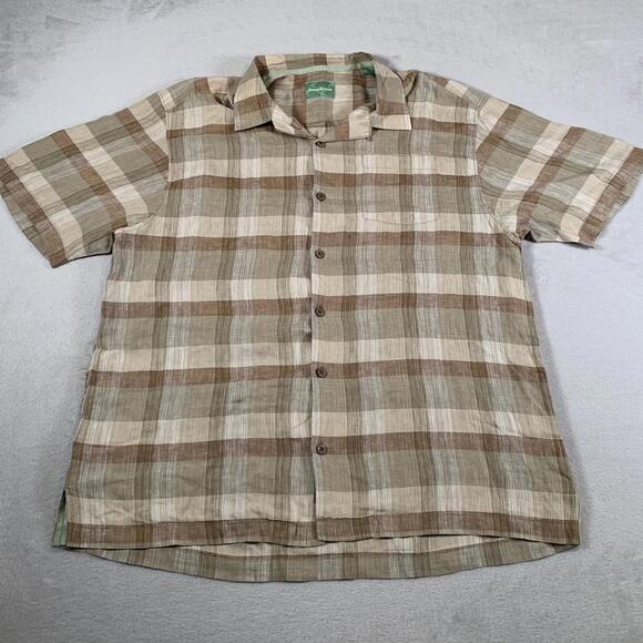 Tommy Bahama Shirt Mens‎ XL Brown Tan Linen Plaid Short Sleeve Button Up Casual - Picture 1 of 10